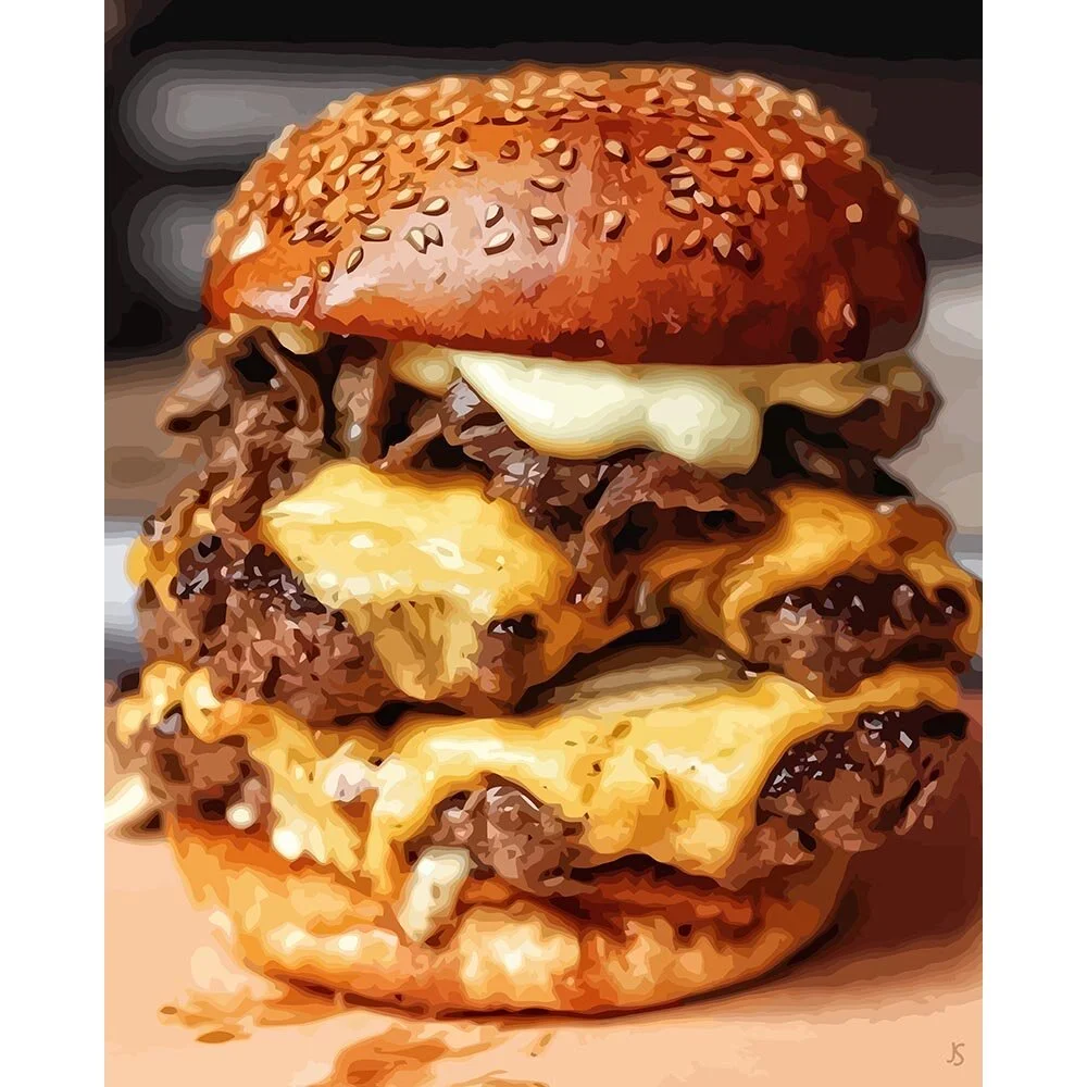 tripple cheeseburger with onions abstract figurative print