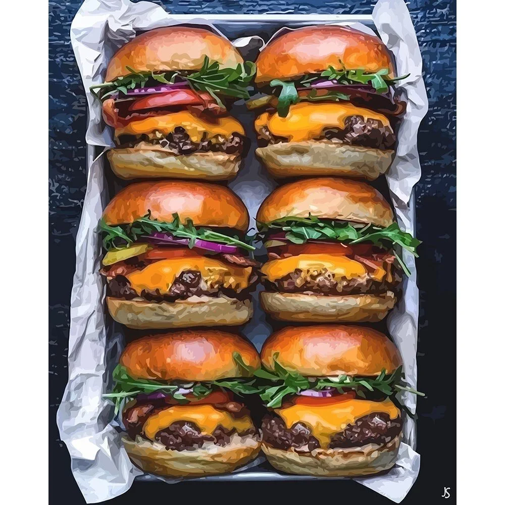 sixpack of  cheeseburgers with aragula tomato and pickle abstract figurative print