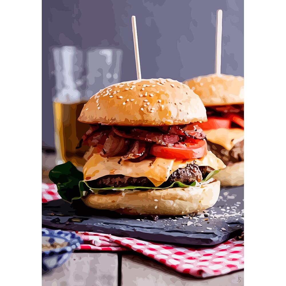 pair of cheeseburger with bacon and tomato abstract figurative print