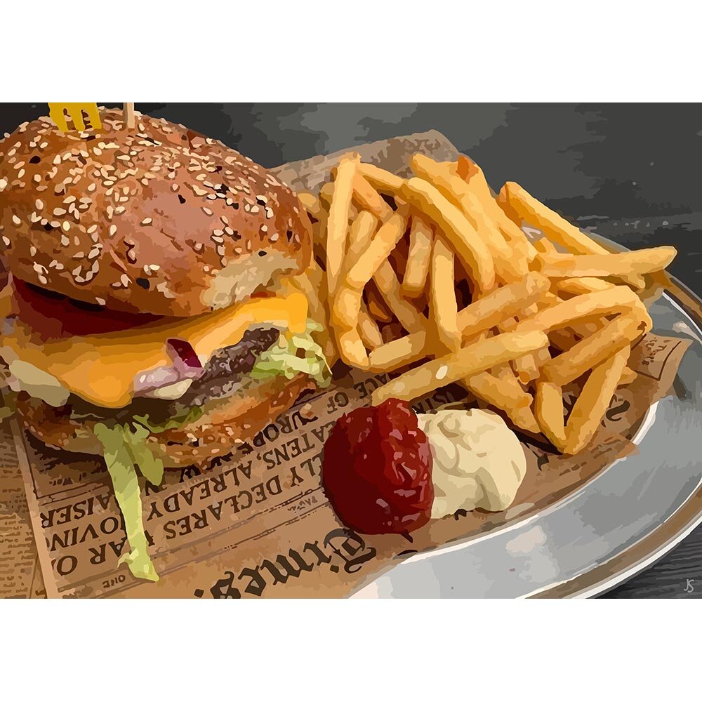 cheeseburger with french fries on a newspaper abstract figurative print