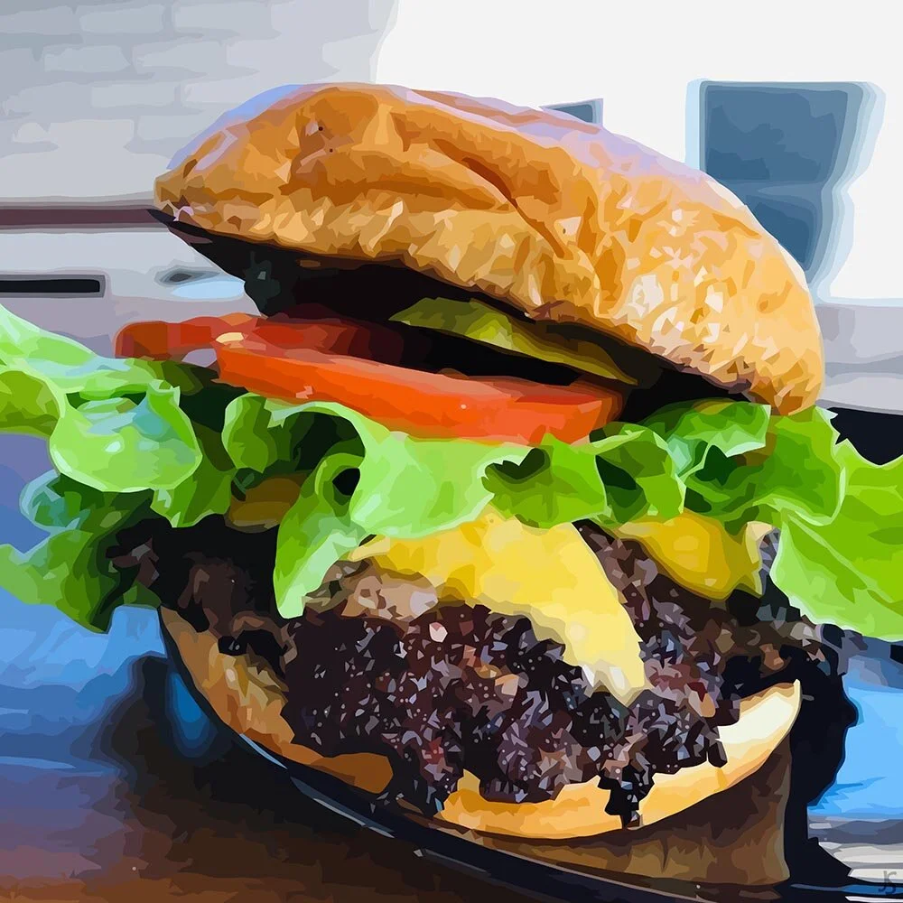 home made cheeseburger with lettuce and tomato abstract figurative print