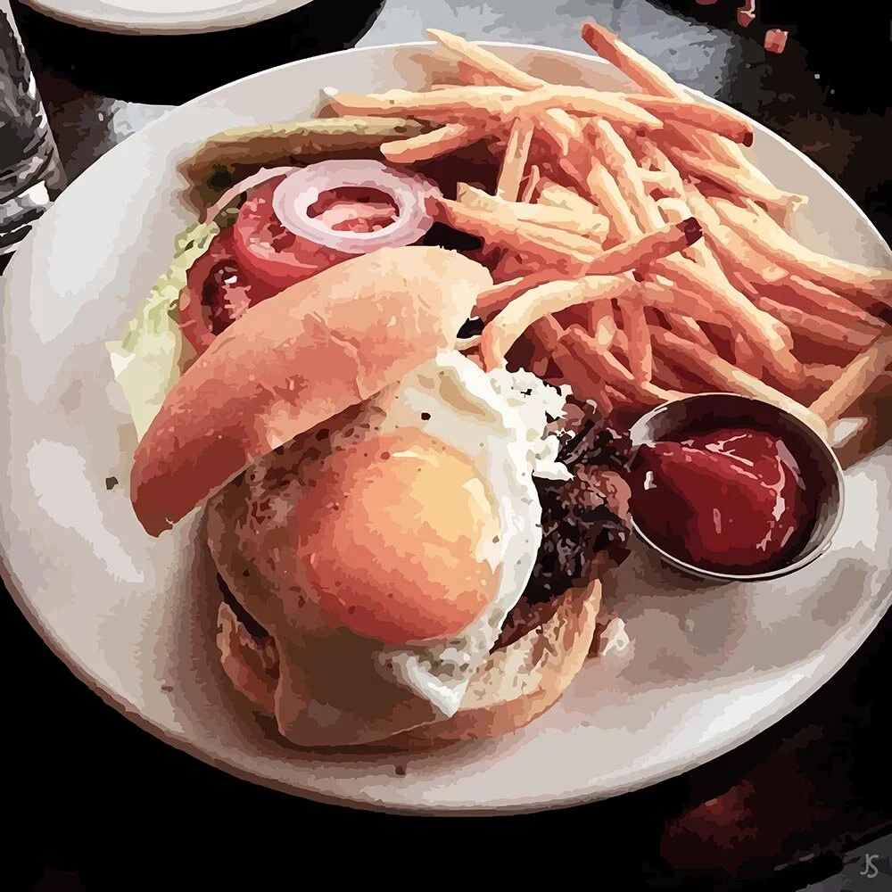 hamburger with fried egg and french fries abstract figurative print