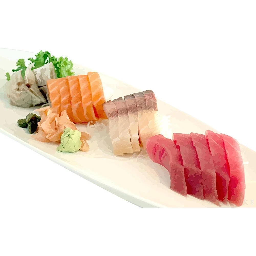 sashimi of tuna salmon and mackerel abstract figurative print