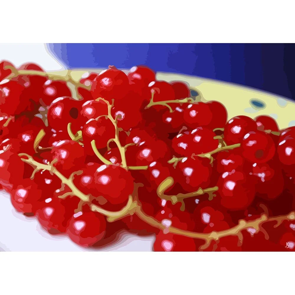 red currents on a plate close-up abstract figurative print