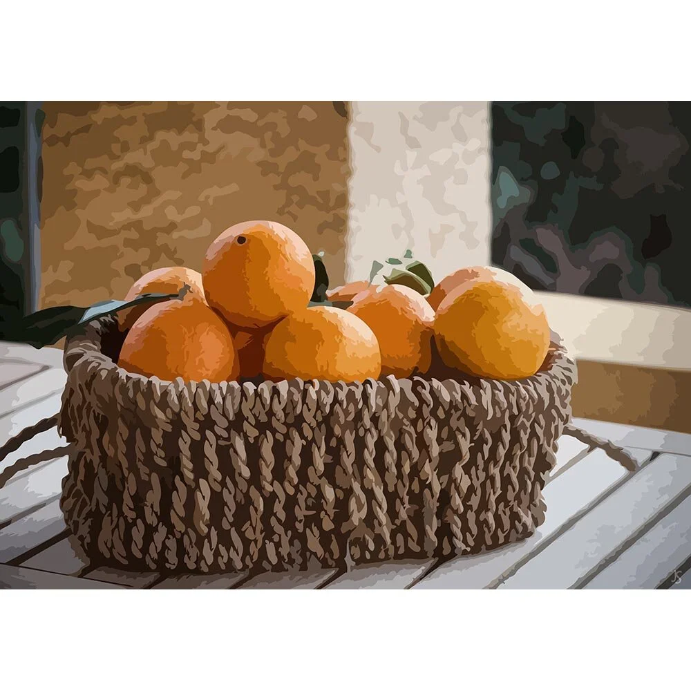 basket with oranges on a patio table abstract figurative print