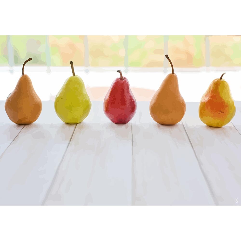 five pears in a row on a patio table abstract figurative print