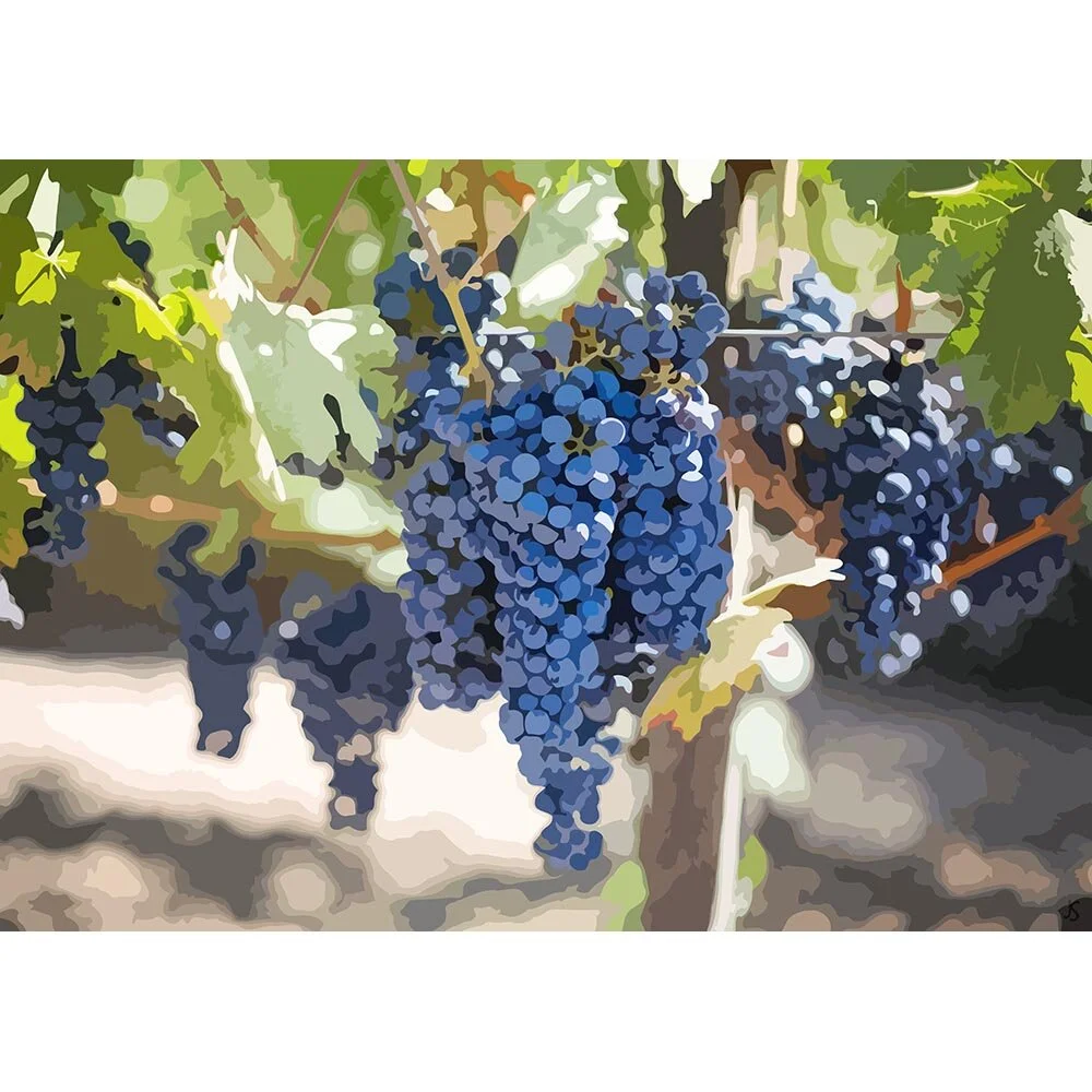 blue grapes hanging in a bush abstract figurative print