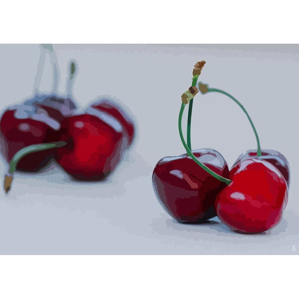 cherries with stems on a white table abstract figurative print