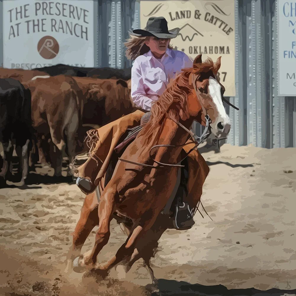 Cowgirl riding western gymkhana event abstract figurative print