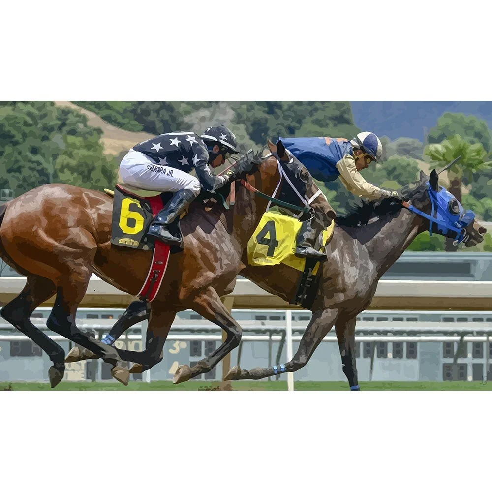 two jockeys horse race event abstract figurative print