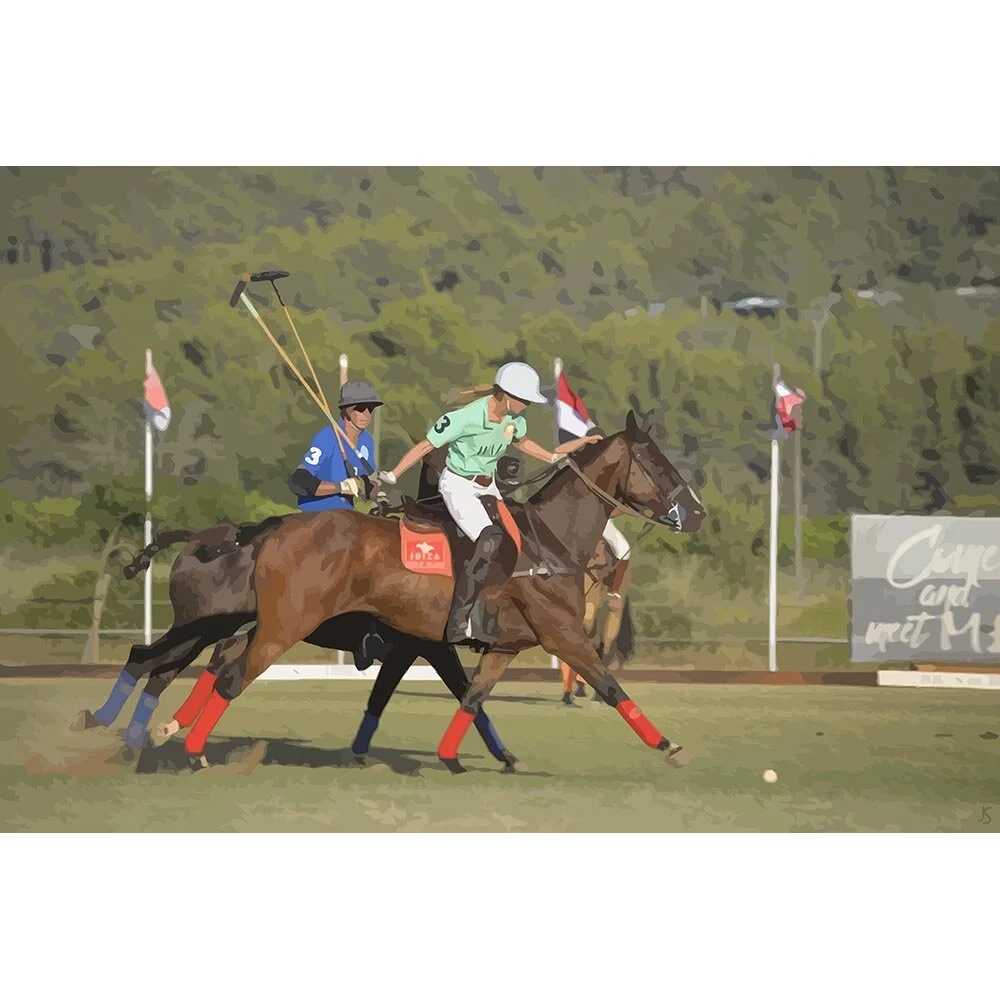 female player in a polo match abstract figurative print