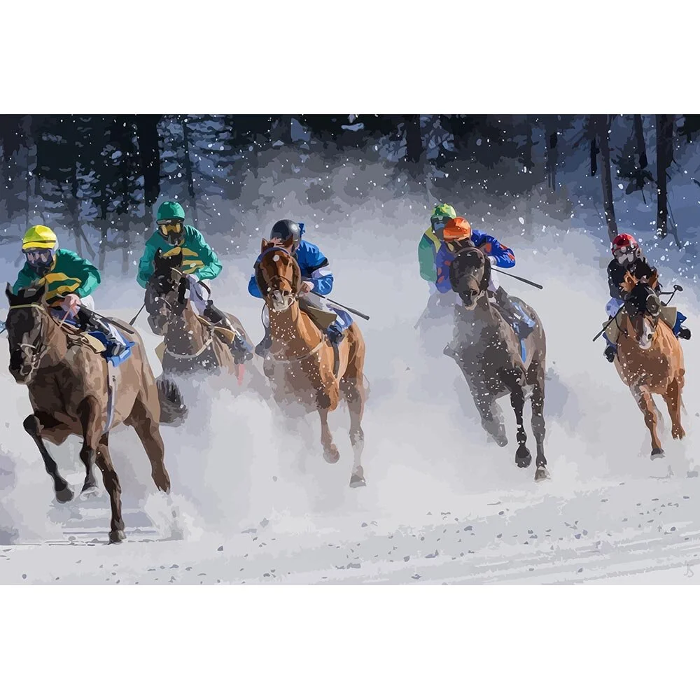 horse snow race in saint moritz switserland abstract figurative print