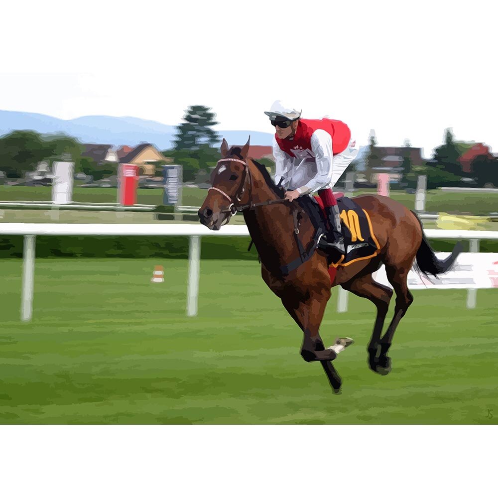 lone jockey at full speed horse race event abstract figurative print