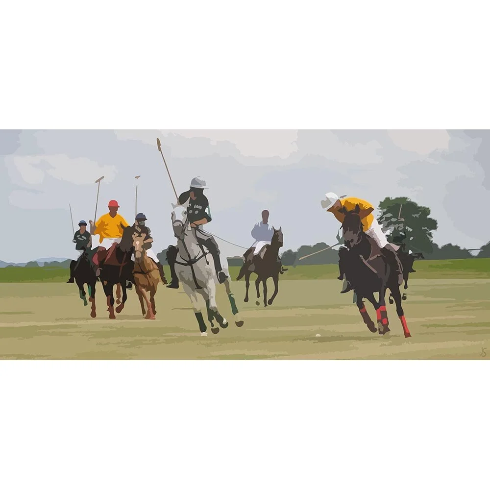 polo match in progress abstract figurative print