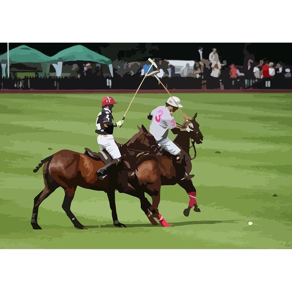 two polo players going for the ball abstract figurative print