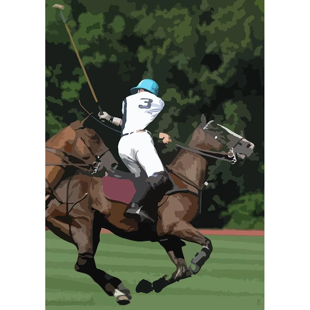 polo player in action during match abstract figurative print