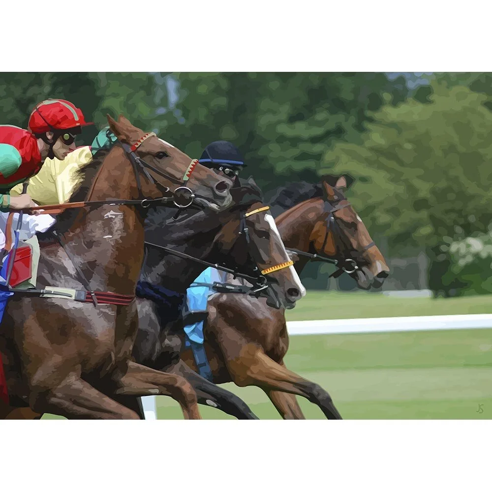 neck and neck horse race event abstract figurative print