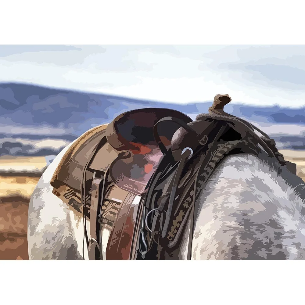 horse with a western saddle close up abstract figurative print