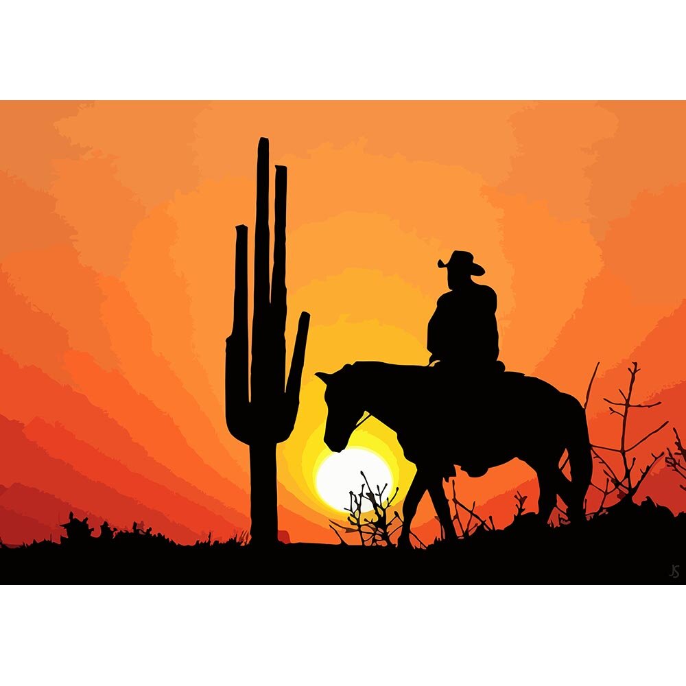 lone cowboy riding by a cactus during sunset silhoutte abstract figurative print