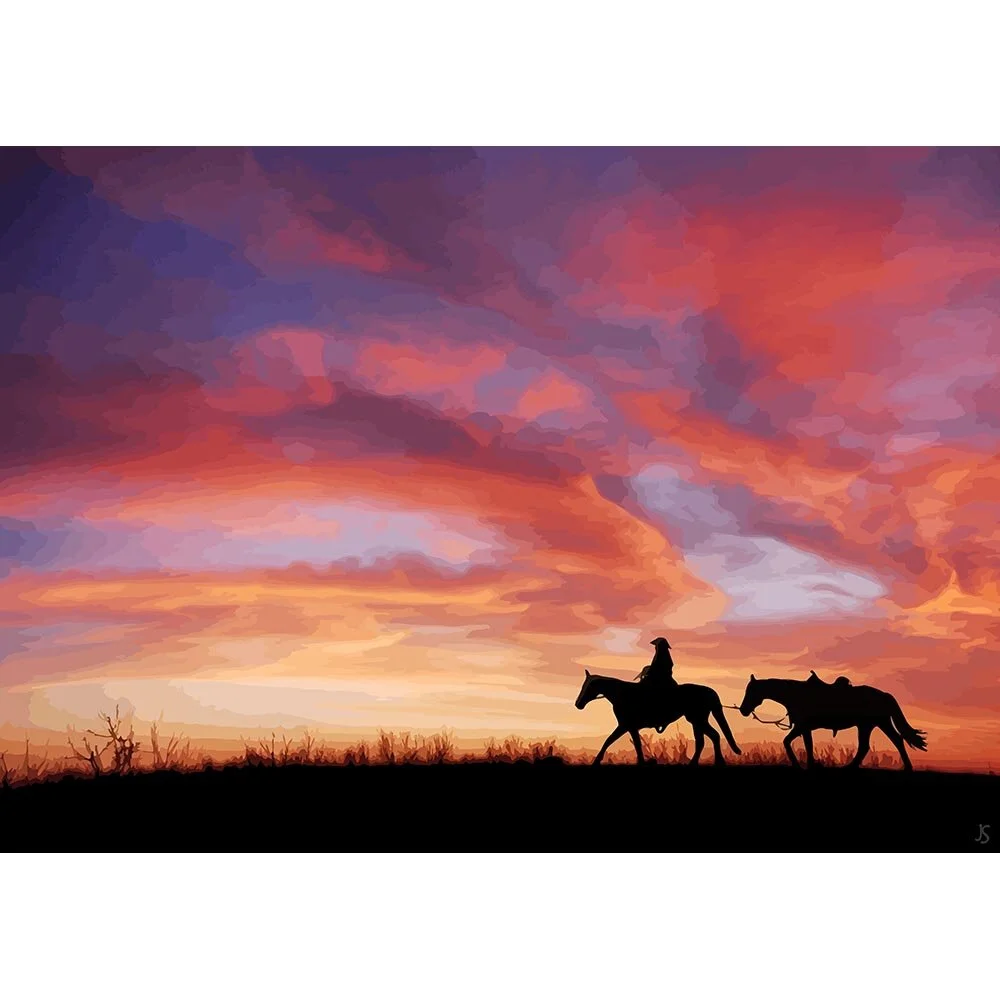 lone cowboy with spare horse riding at sunset silhoutte abstract figurative print