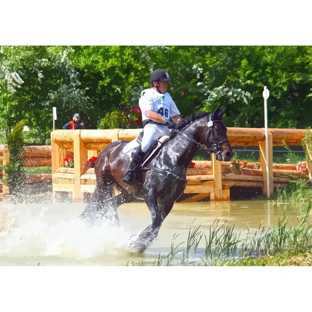 endurance cross country event rider galloping in water abstract figurative print
