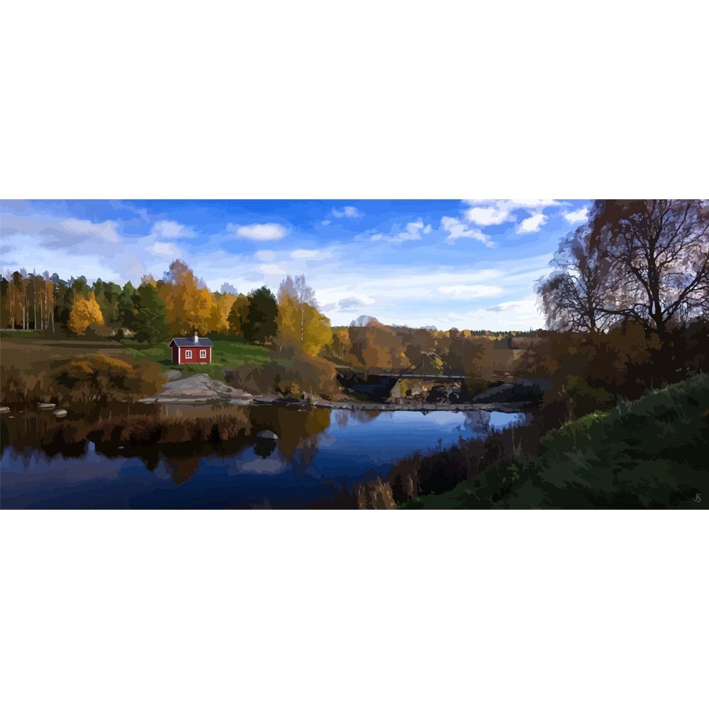 cabin at a lake in norway abstract figurative print