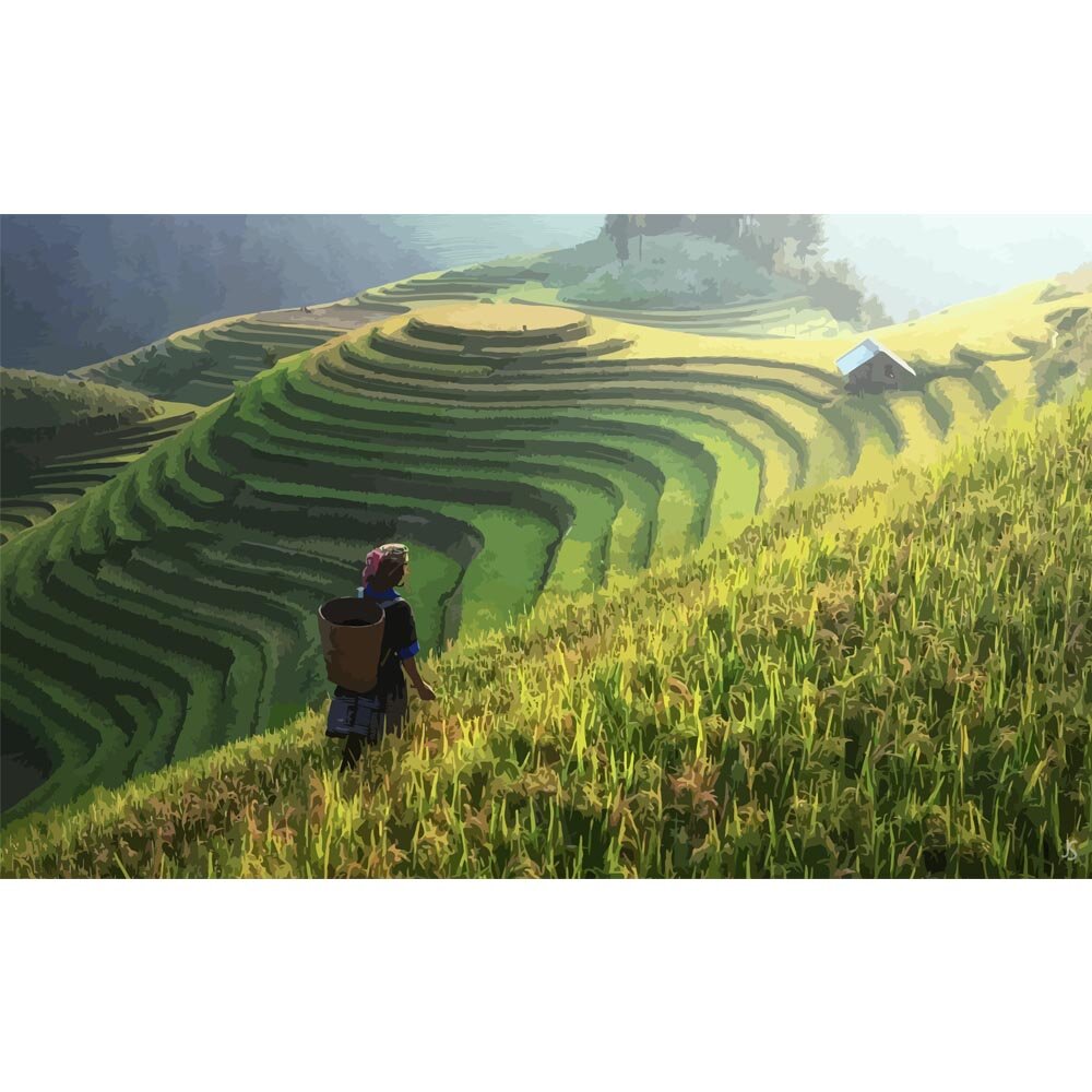 rice fields in asia abstract figurative print