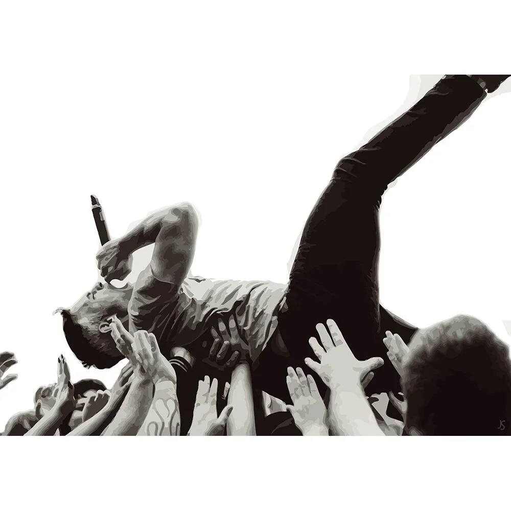 singer crowd surfing at a concert black &amp; white abstract figurative print