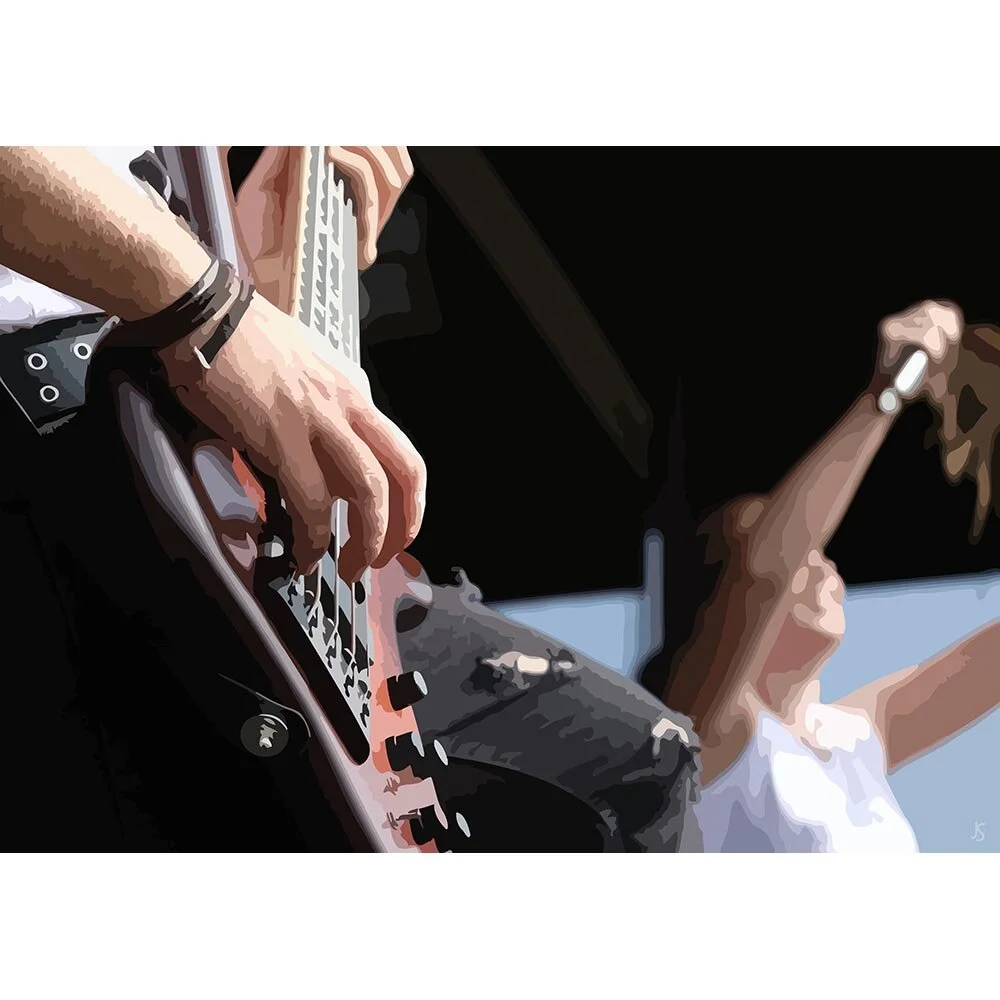 bass guitar player close up on stage abstract figurative print