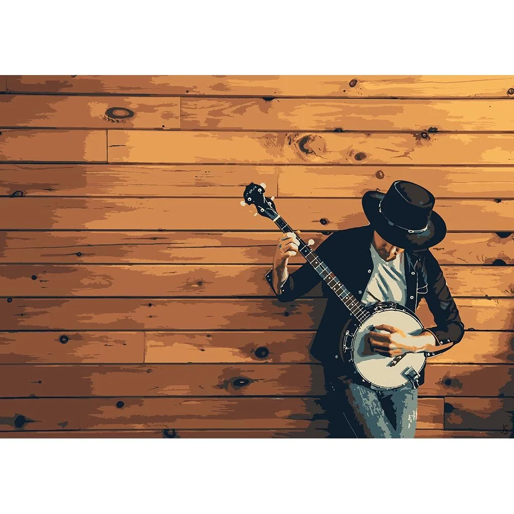 guy wearing a hat playing banjo abstract figurative print