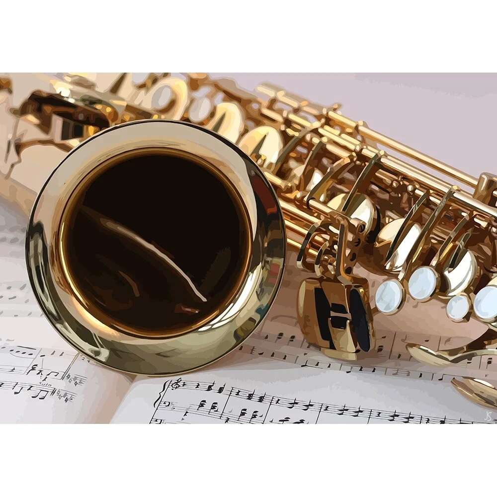 saxophone on pages of sheet music close up abstract figurative print