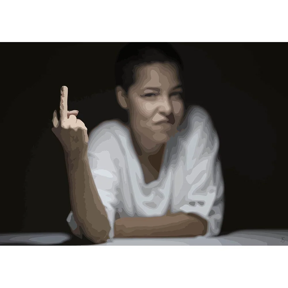 provocative woman flipping a birdie abstract figurative print