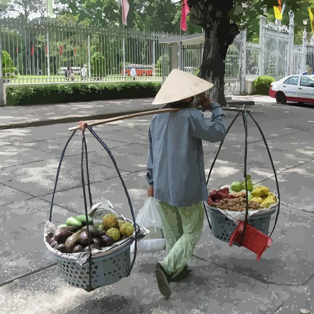 woman taking produce to the market indonesia abstract figurative print