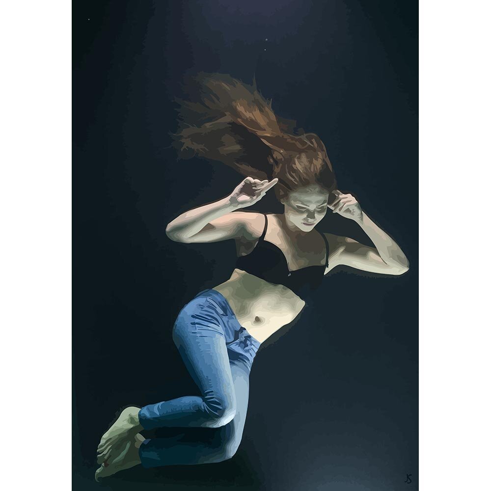woman wearing jeans and bra posing underwater abstract figurative print