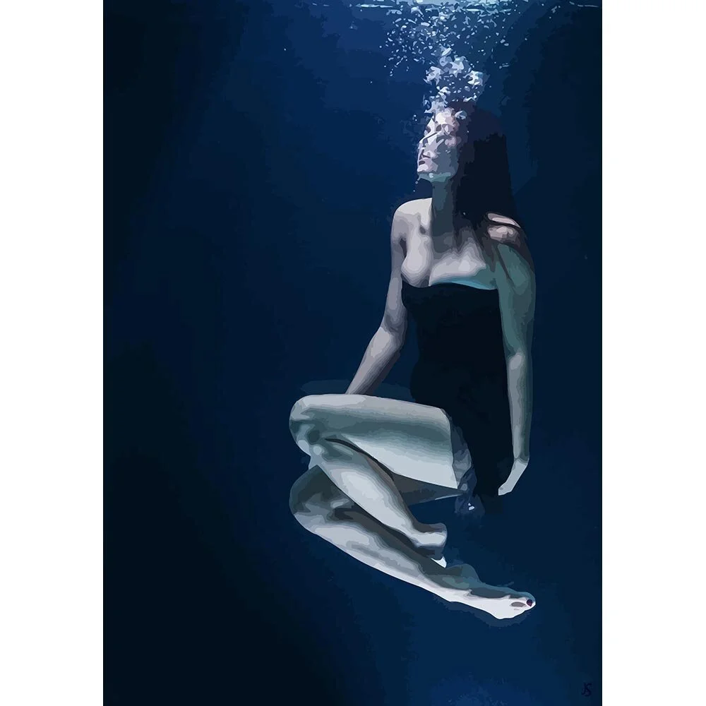 woman wearing a black dress posing underwater abstract figurative print
