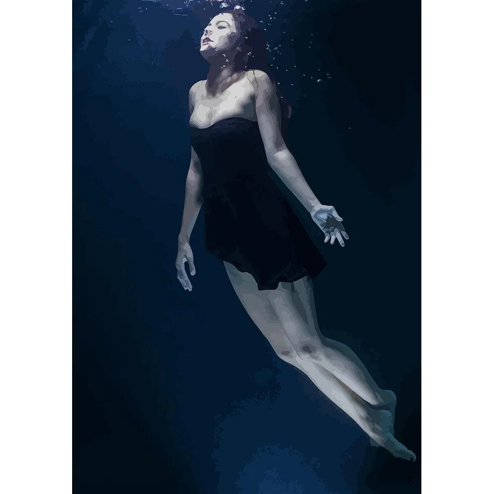 woman wearing a black dress posing underwater abstract figurative print
