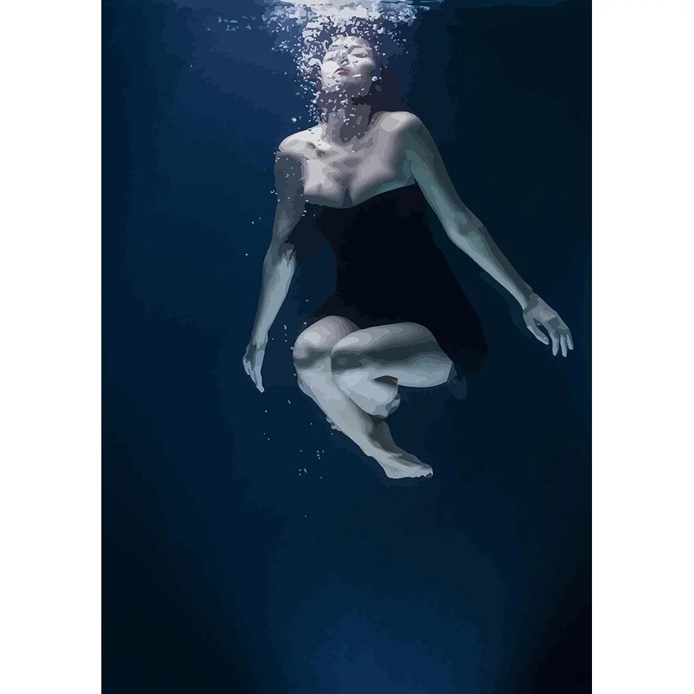 woman wearing a black dress posing underwater abstract figurative print