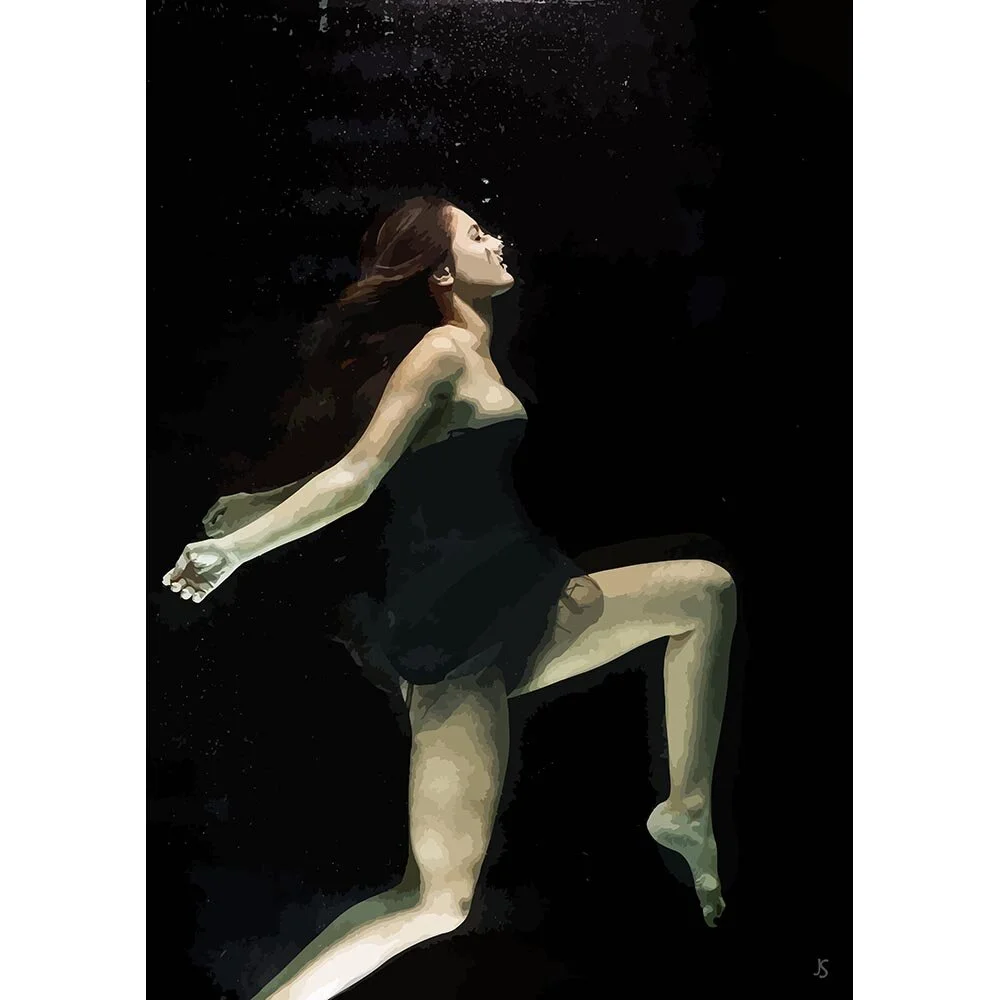 woman wearing a black dress posing underwater abstract figurative print