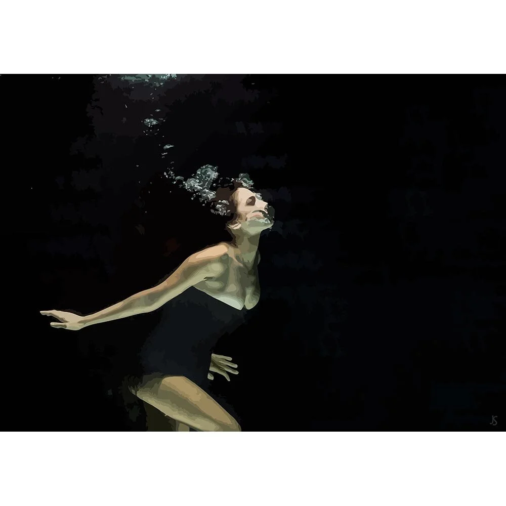 woman wearing a black dress posing underwater abstract figurative print