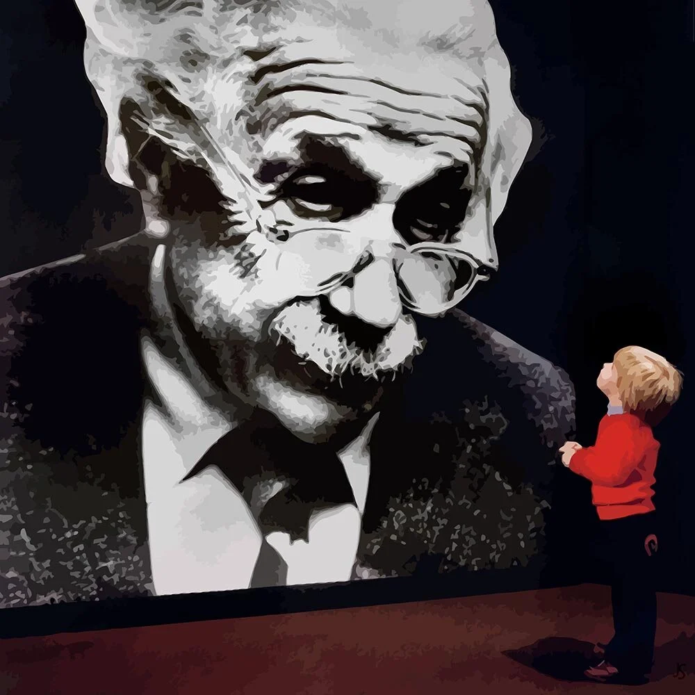 little boy looking up at albert einstein abstract figurative print