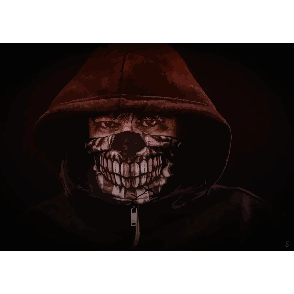 woman wearing hoodie and scary mask abstract figurative print