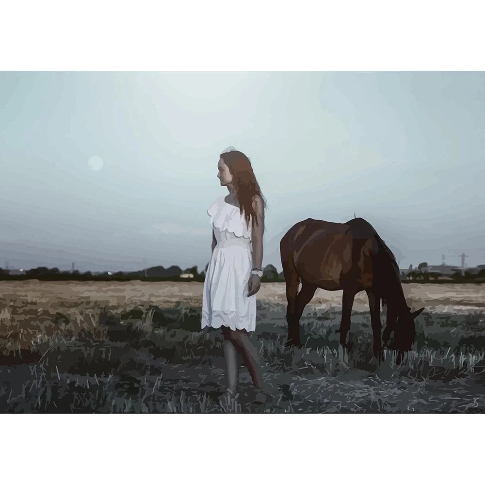 girl wearing a white dress with her horse abstract figurative print