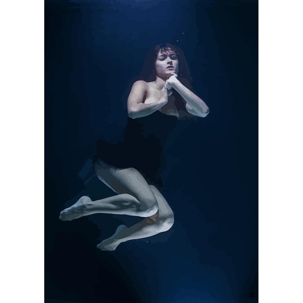 woman wearing a black dress posing underwater abstract figurative print
