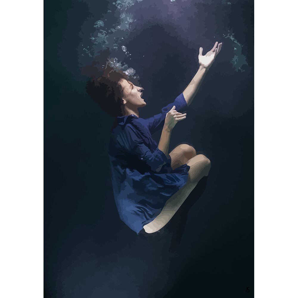 woman wearing a black dress posing underwater abstract figurative print
