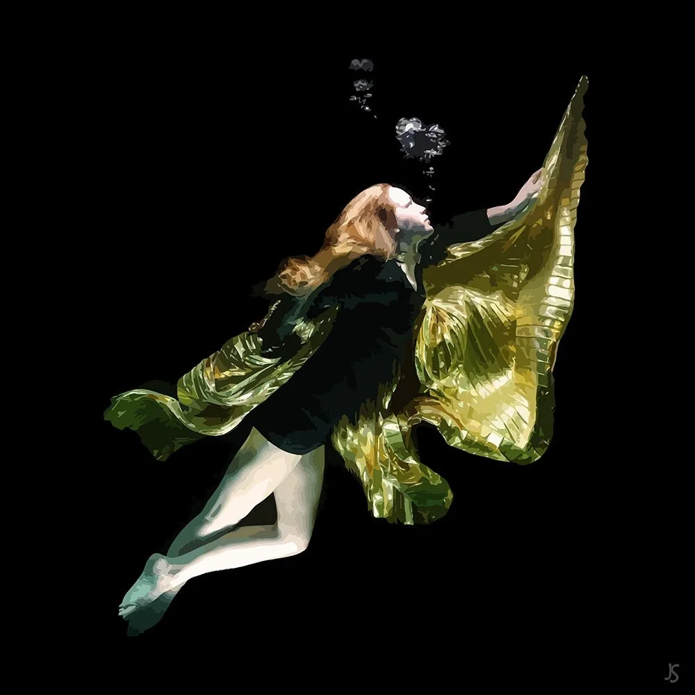 woman wearing a black dress and golden cape posing underwater abstract figurative print