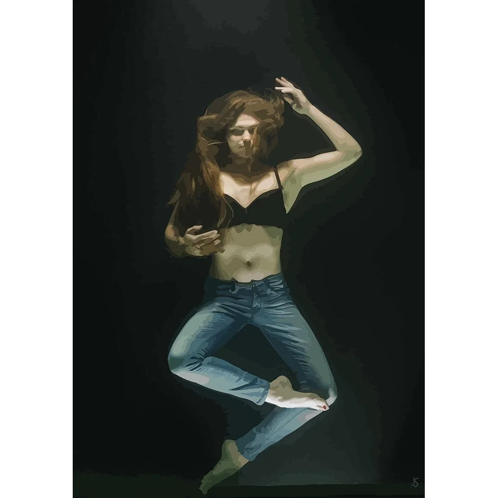woman wearing jeans and bra posing underwater abstract figurative print