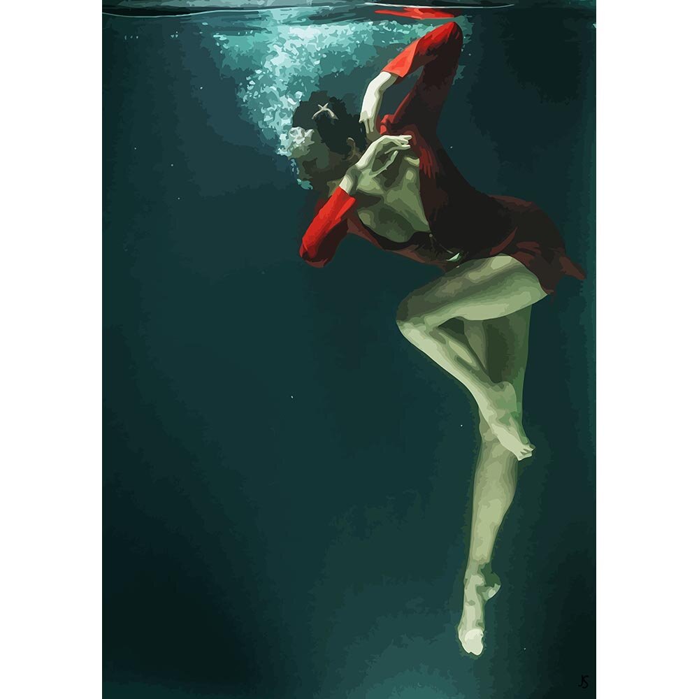 woman wearing a red dress posing underwater abstract figurative print