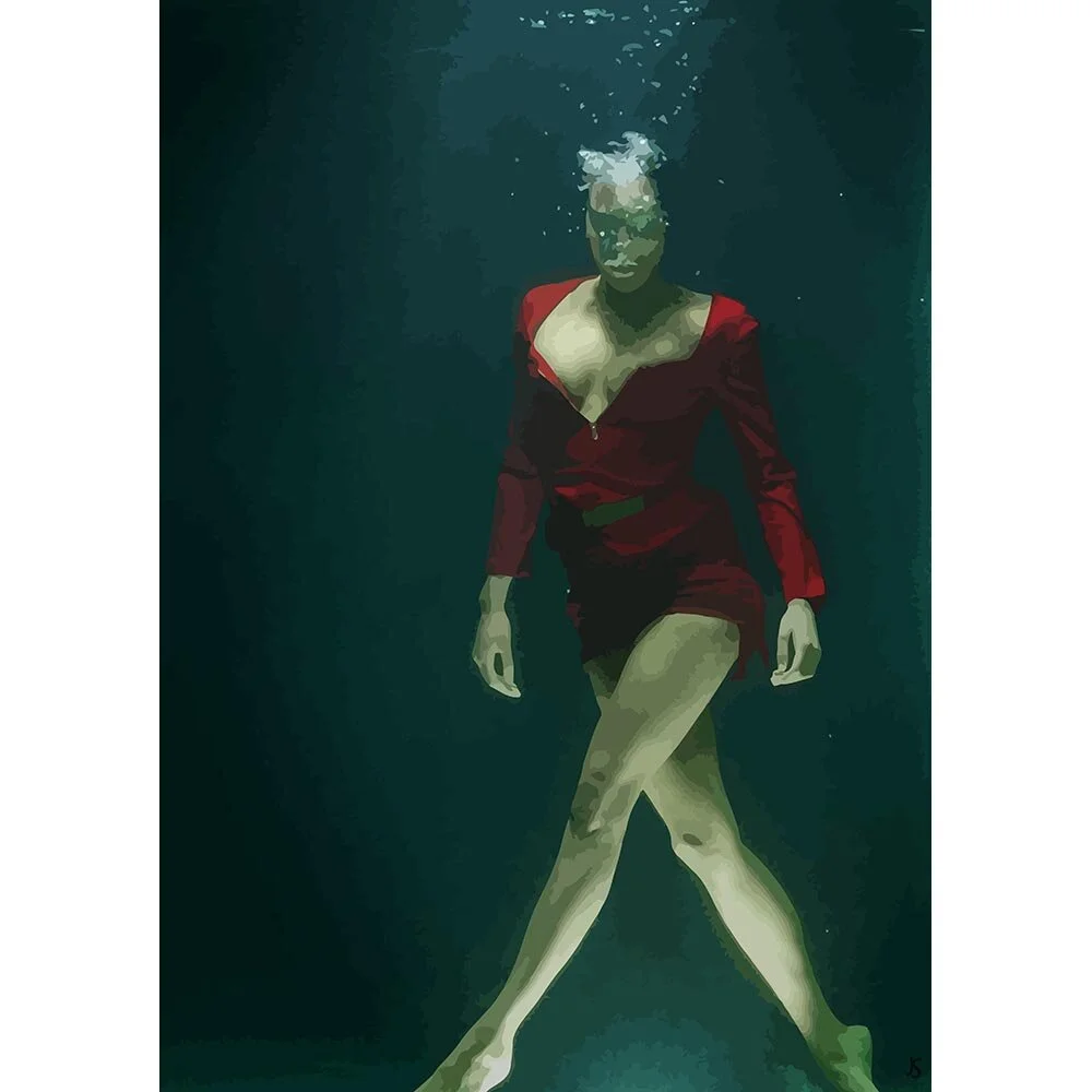 woman wearing a red dress posing underwater abstract figurative print