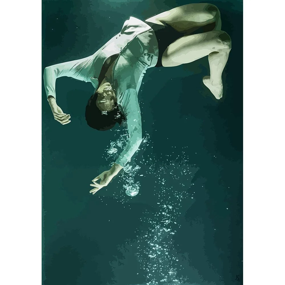 woman wearing a white shirt posing underwater abstract figurative print