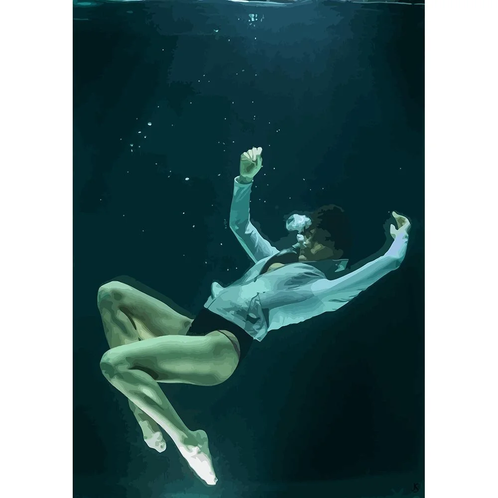 woman wearing a white shirt posing underwater abstract figurative print